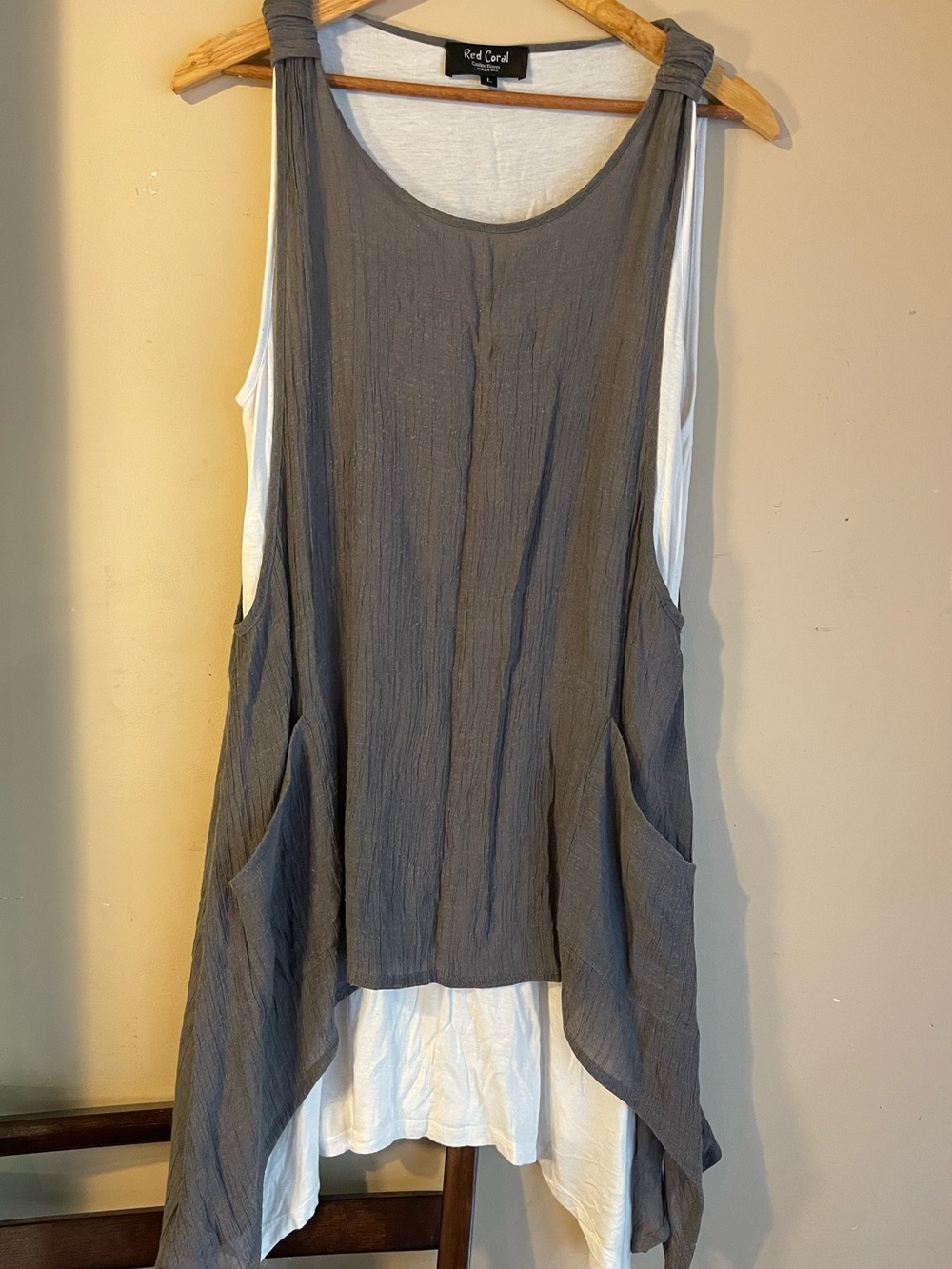 Red Coral Gray White Layered Asymmetric Kerchief Hem Tank Dress Lagenlook Pocket